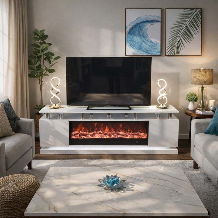 Modern Realistic 3D Electric Fireplace TV Stand – Sleek Wood Finish, Fits TVs up to 85"