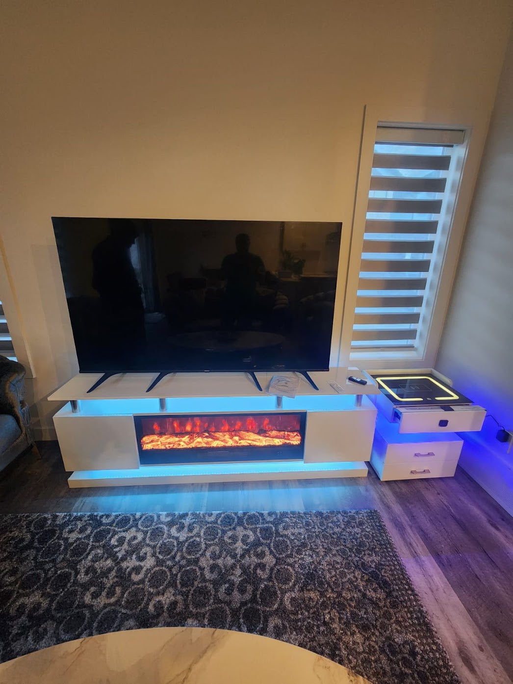 Modern Realistic 3D Electric Fireplace TV Stand – Sleek Wood Finish, Fits TVs up to 85"