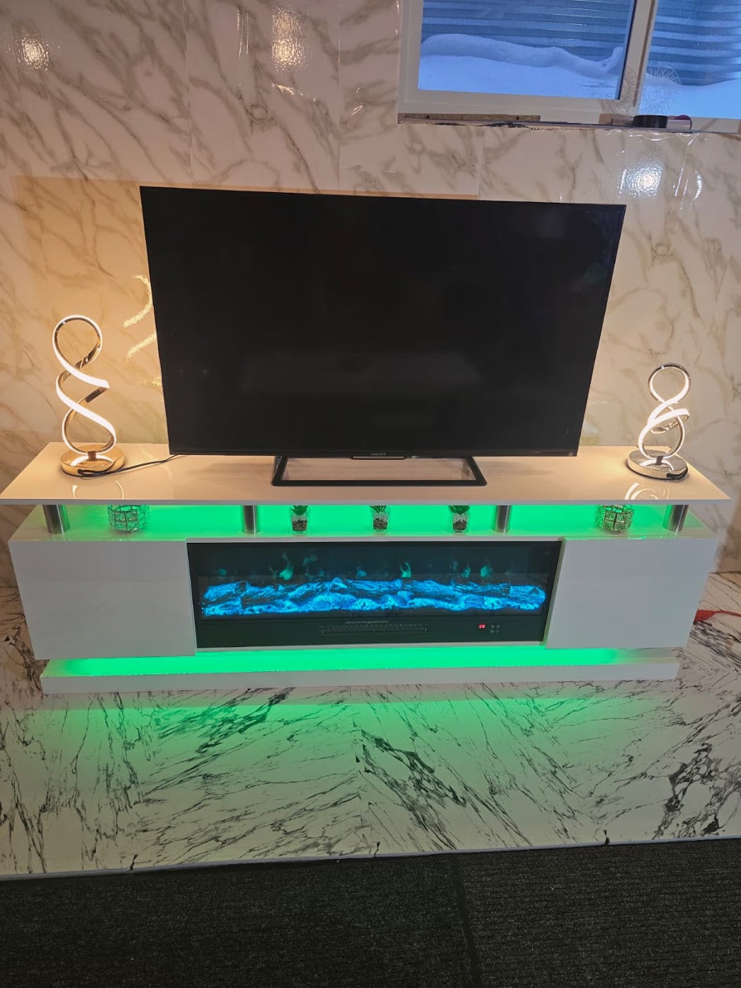 Modern Realistic 3D Electric Fireplace TV Stand – Sleek Wood Finish, Fits TVs up to 85"