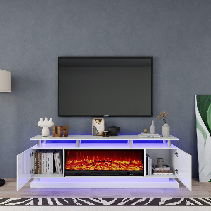 Modern Realistic 3D Electric Fireplace TV Stand – Sleek Wood Finish, Fits TVs up to 85"