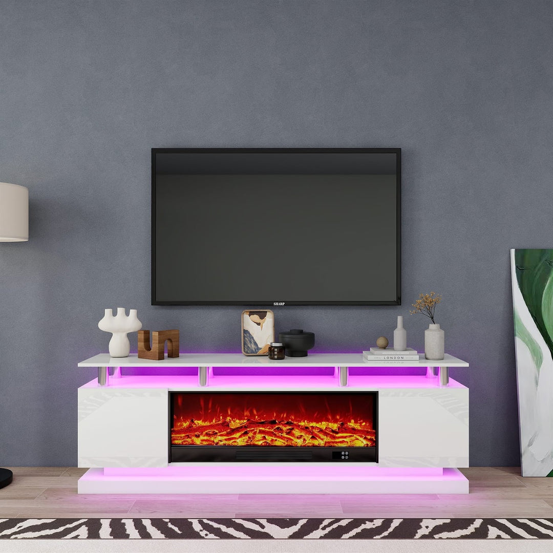 Modern Realistic 3D Electric Fireplace TV Stand – Sleek Wood Finish, Fits TVs up to 85"