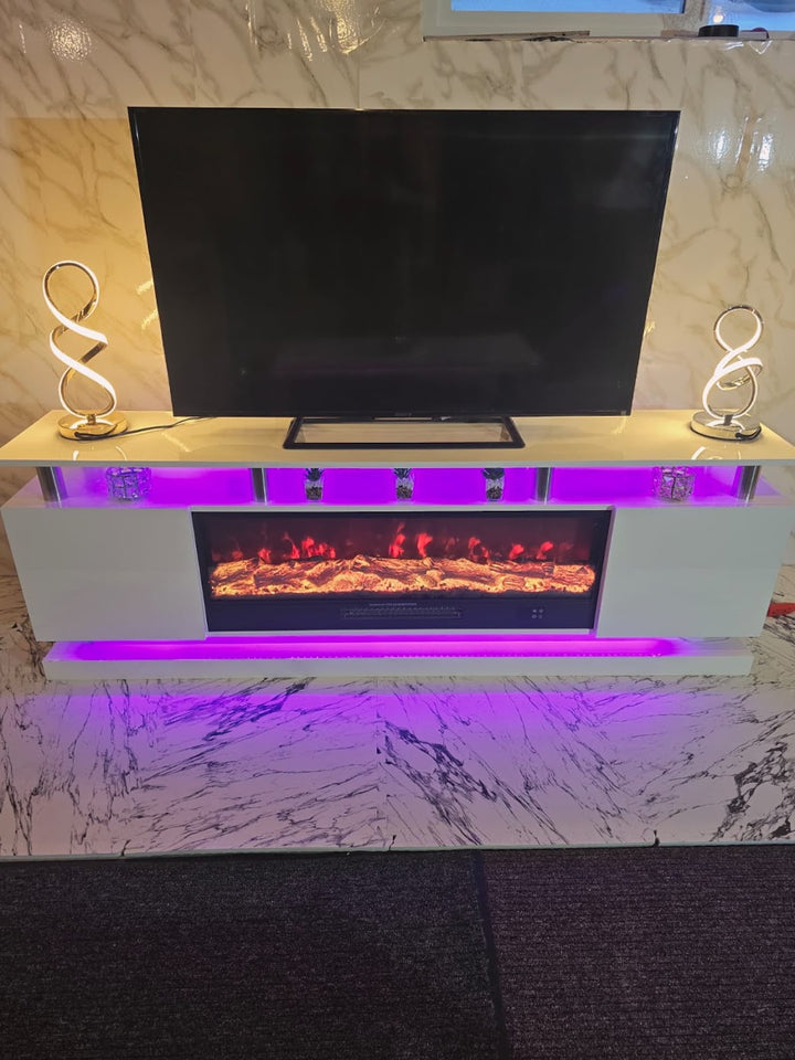 Modern Realistic 3D Electric Fireplace TV Stand – Sleek Wood Finish, Fits TVs up to 85"