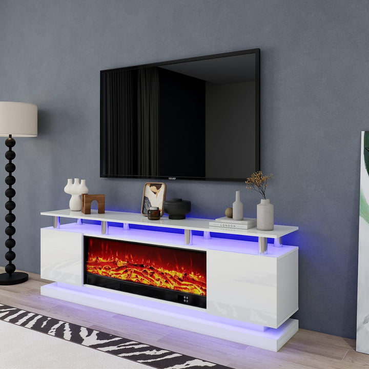 Modern Realistic 3D Electric Fireplace TV Stand – Sleek Wood Finish, Fits TVs up to 85"