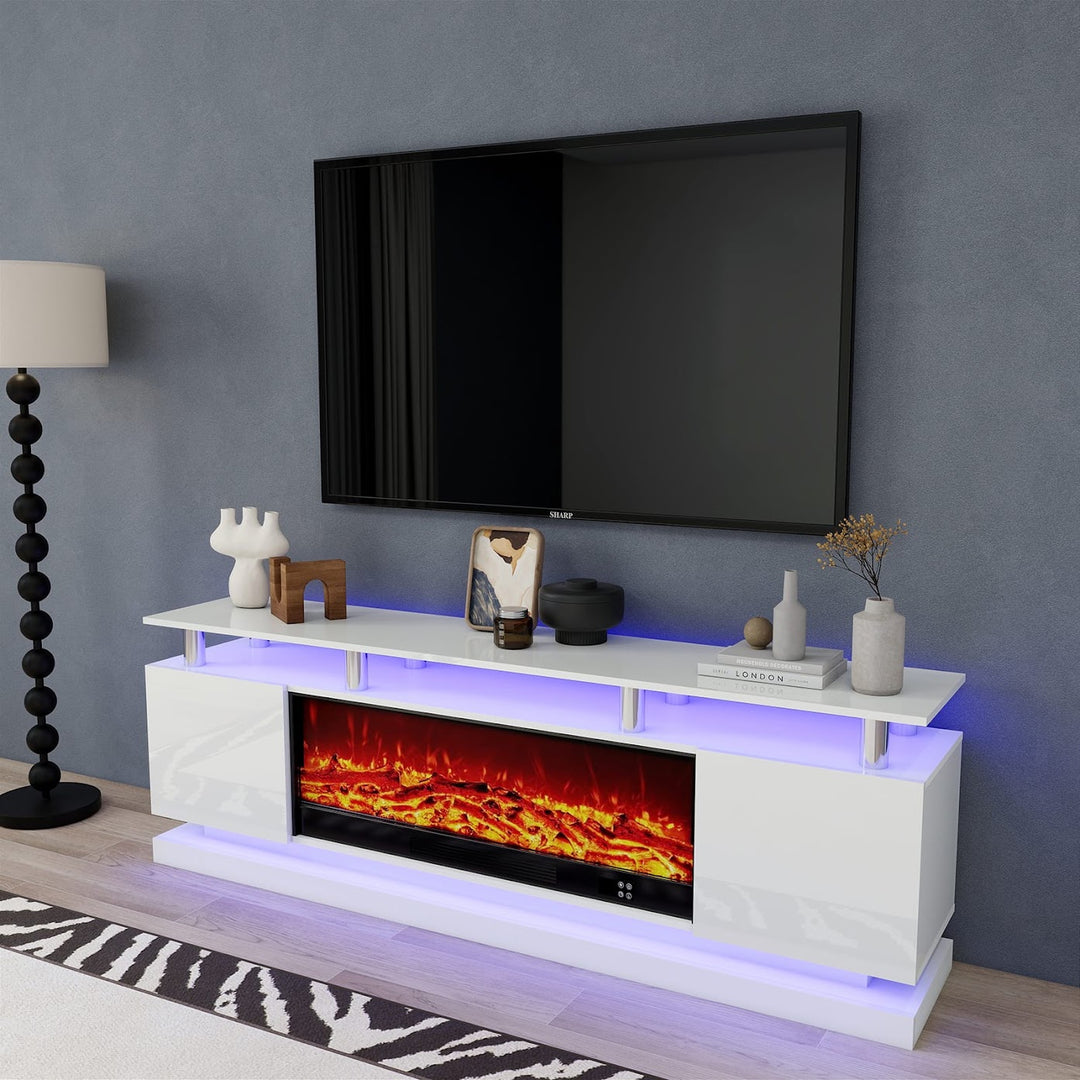 Modern Realistic 3D Electric Fireplace TV Stand – Sleek Wood Finish, Fits TVs up to 85"