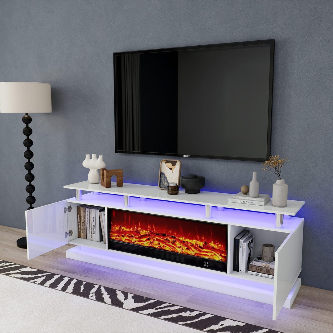 Modern Realistic 3D Electric Fireplace TV Stand – Sleek Wood Finish, Fits TVs up to 85"