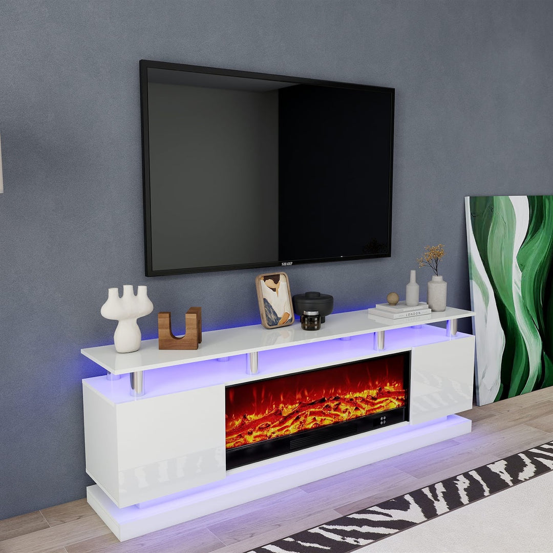 Modern Realistic 3D Electric Fireplace TV Stand – Sleek Wood Finish, Fits TVs up to 85"