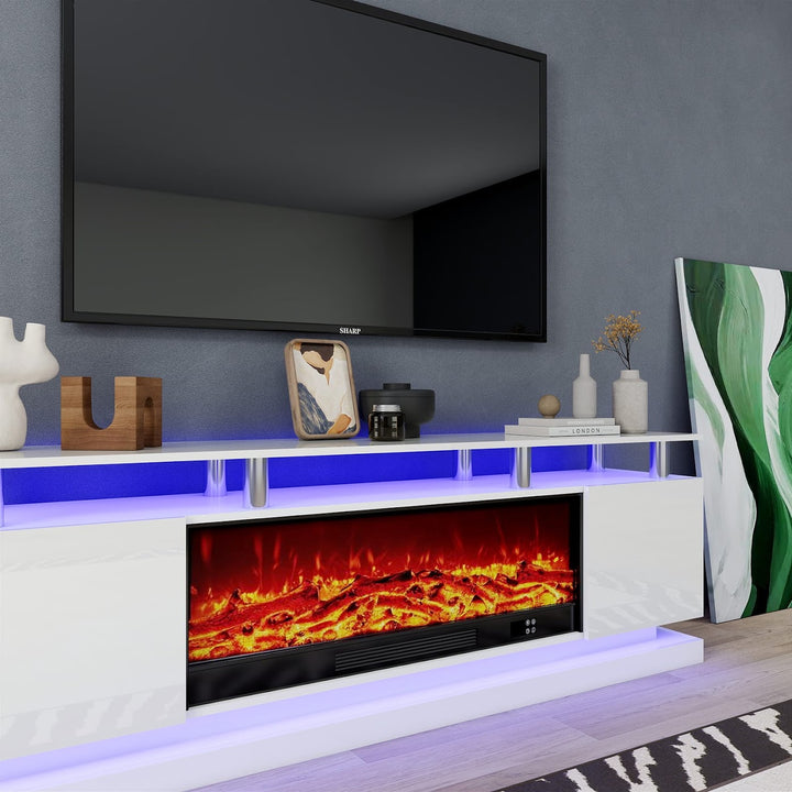 Modern Realistic 3D Electric Fireplace TV Stand – Sleek Wood Finish, Fits TVs up to 85"