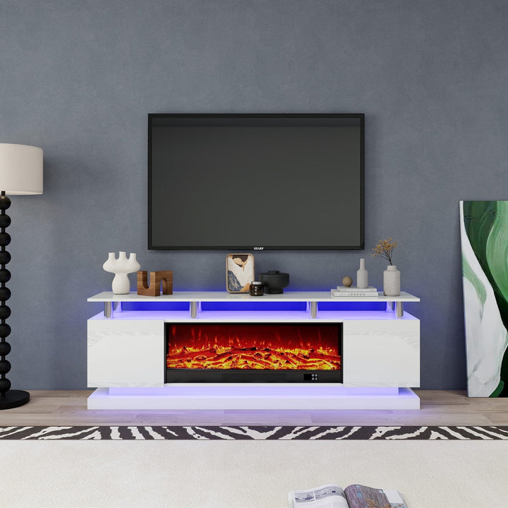 Modern Realistic 3D Electric Fireplace TV Stand – Sleek Wood Finish, Fits TVs up to 85"