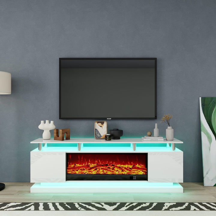 Modern Realistic 3D Electric Fireplace TV Stand – Sleek Wood Finish, Fits TVs up to 85"