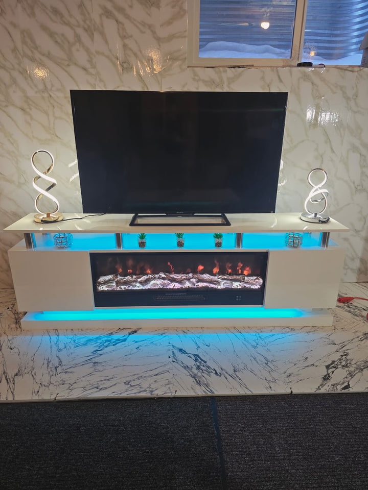 Modern Realistic 3D Electric Fireplace TV Stand – Sleek Wood Finish, Fits TVs up to 85"