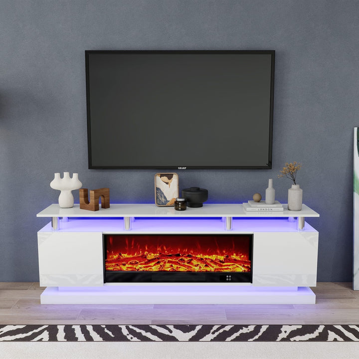 Modern Realistic 3D Electric Fireplace TV Stand – Sleek Wood Finish, Fits TVs up to 85"