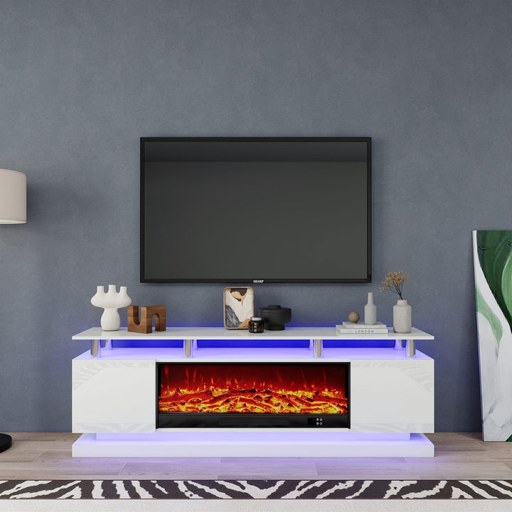 Modern Realistic 3D Electric Fireplace TV Stand – Sleek Wood Finish, Fits TVs up to 85"