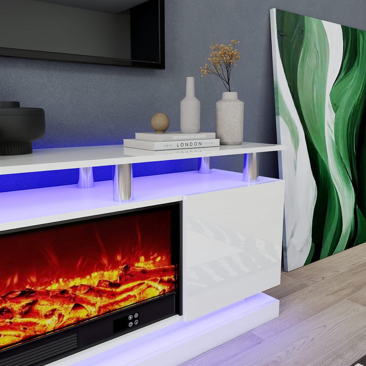 Modern Realistic 3D Electric Fireplace TV Stand – Sleek Wood Finish, Fits TVs up to 85"
