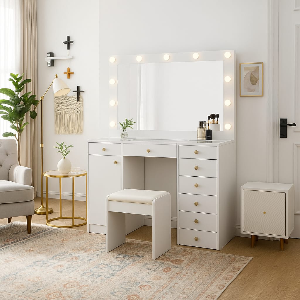 Hollywood LED Makeup Vanity Dresser with Stool and Jewelry Drawer Divider