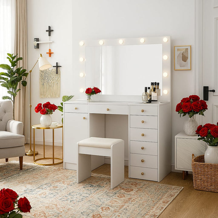 Hollywood LED Makeup Vanity Dresser with Stool and Jewelry Drawer Divider