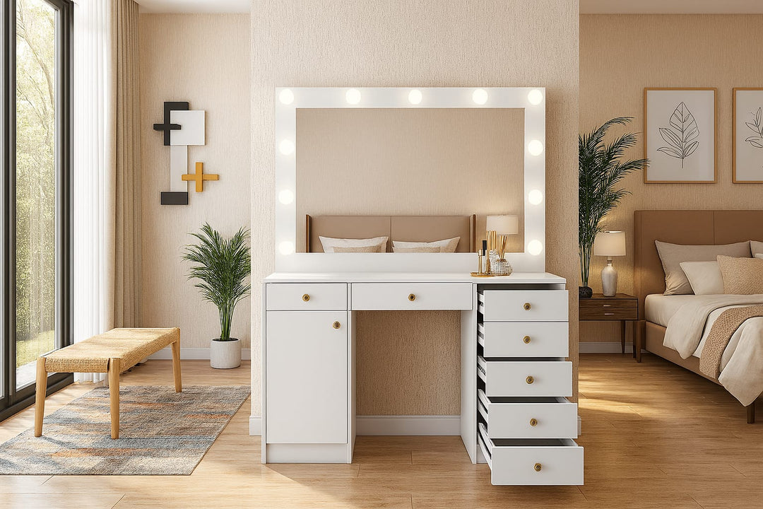 Hollywood LED Makeup Vanity Dresser with Stool and Jewelry Drawer Divider