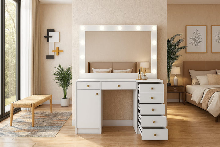 Hollywood LED Makeup Vanity Dresser with Stool and Jewelry Drawer Divider
