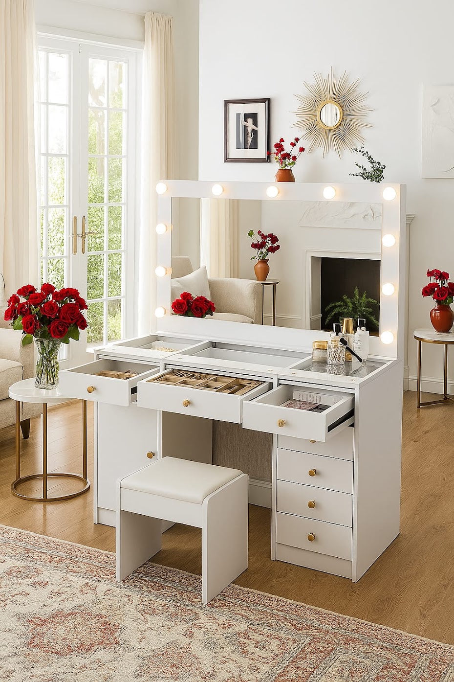 Hollywood LED Makeup Vanity Dresser with Stool and Jewelry Drawer Divider