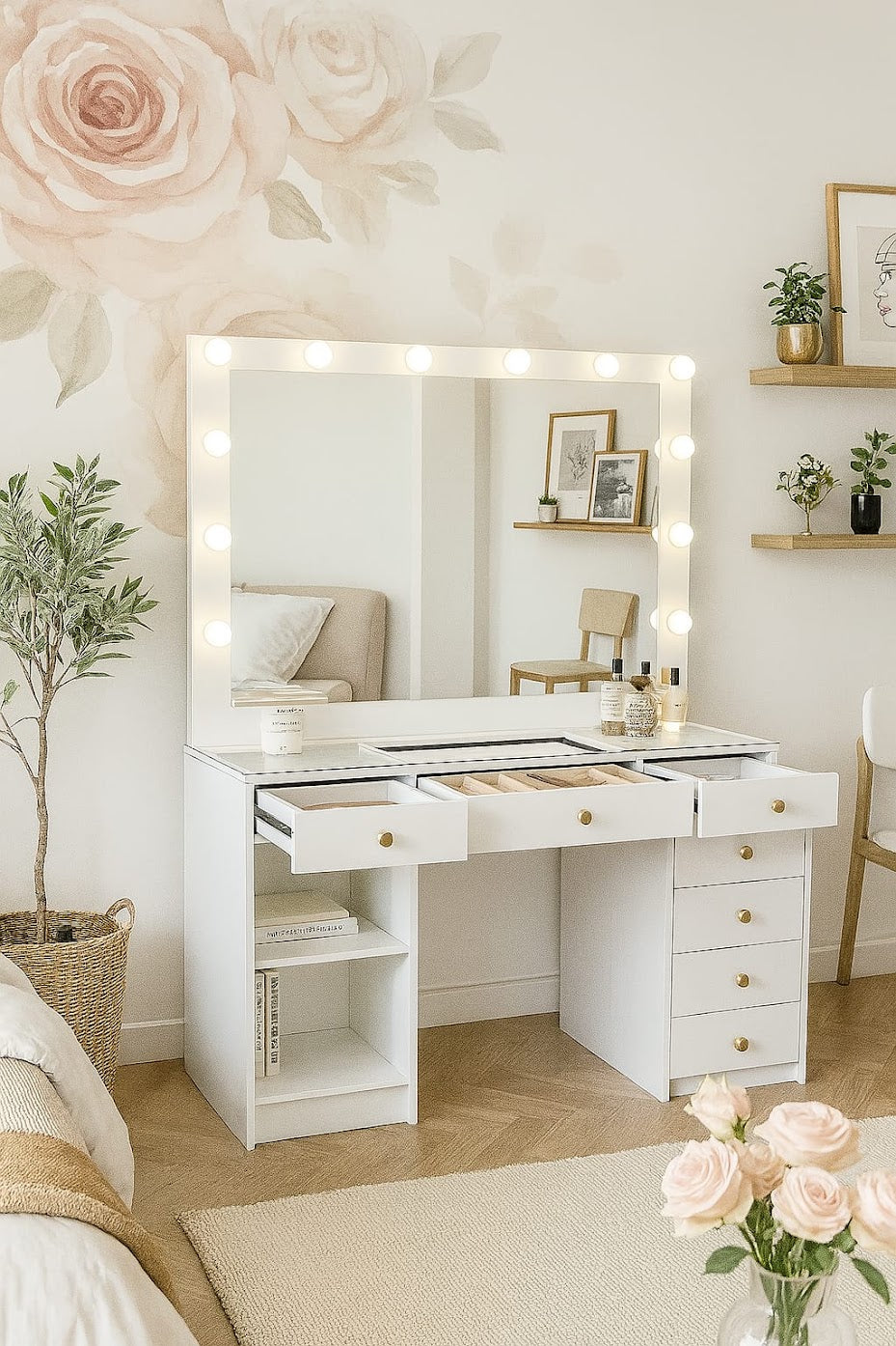 Hollywood LED Makeup Vanity Dresser with Stool and Jewelry Drawer Divider