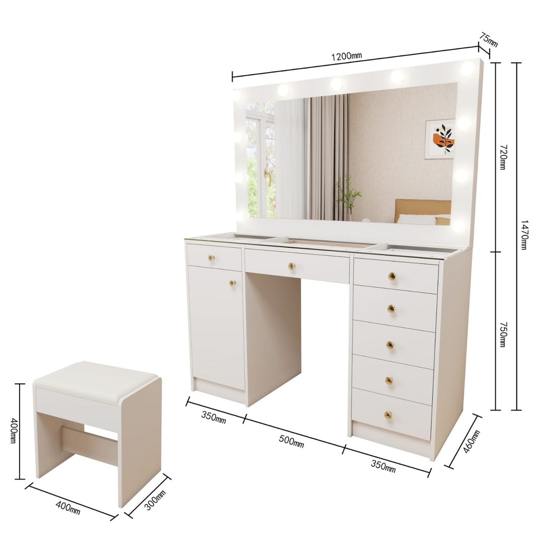 Hollywood LED Makeup Vanity Dresser with Stool and Jewelry Drawer Divider