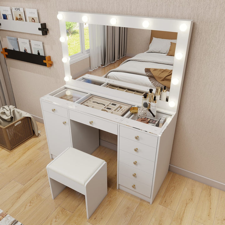 Hollywood LED Makeup Vanity Dresser with Stool and Jewelry Drawer Divider