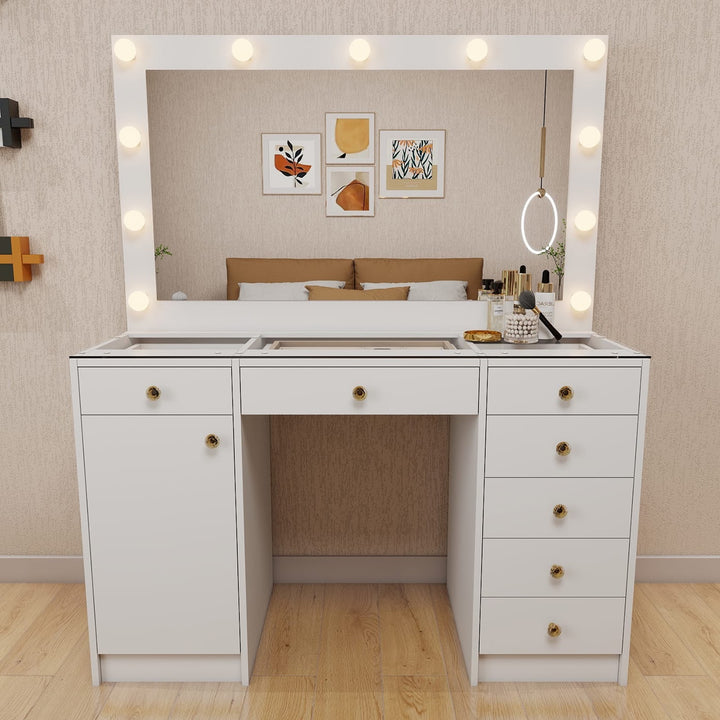 Hollywood LED Makeup Vanity Dresser with Stool and Jewelry Drawer Divider