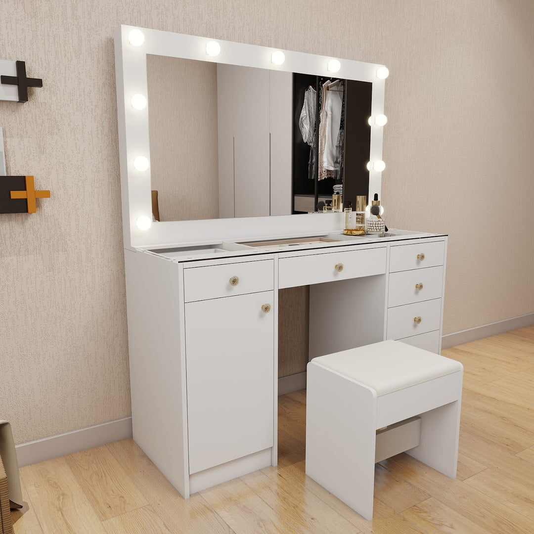 Hollywood LED Makeup Vanity Dresser with Stool and Jewelry Drawer Divider