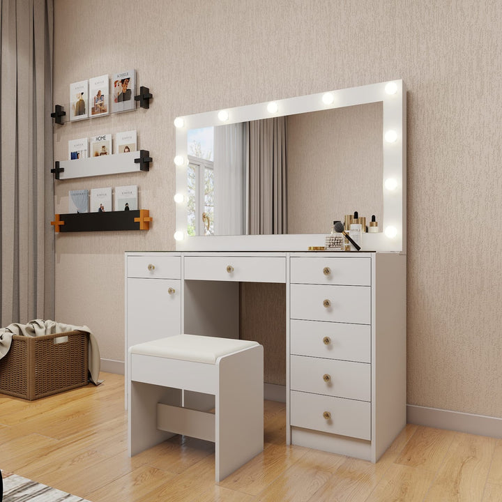 Hollywood LED Makeup Vanity Dresser with Stool and Jewelry Drawer Divider