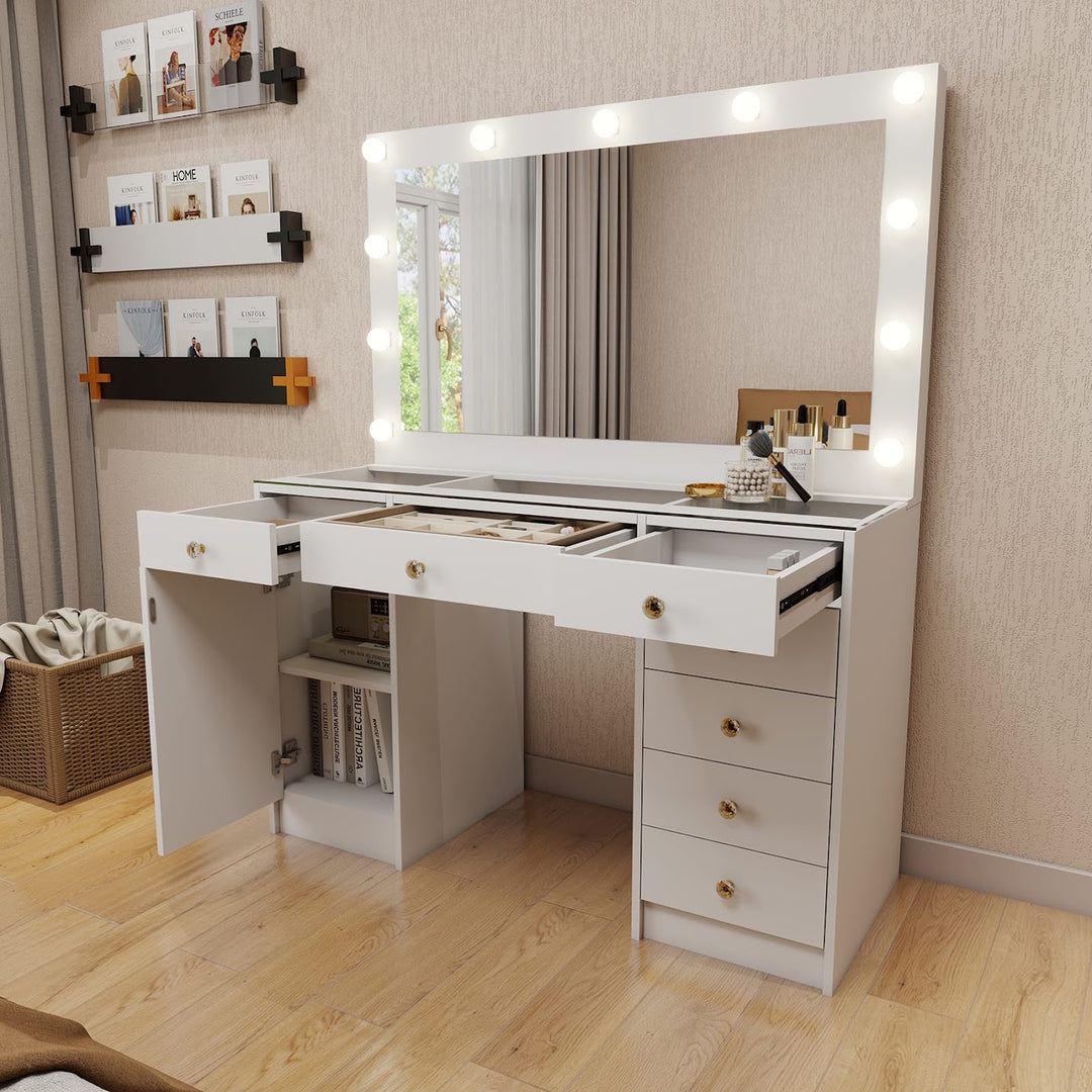 Hollywood LED Makeup Vanity Dresser with Stool and Jewelry Drawer Divider