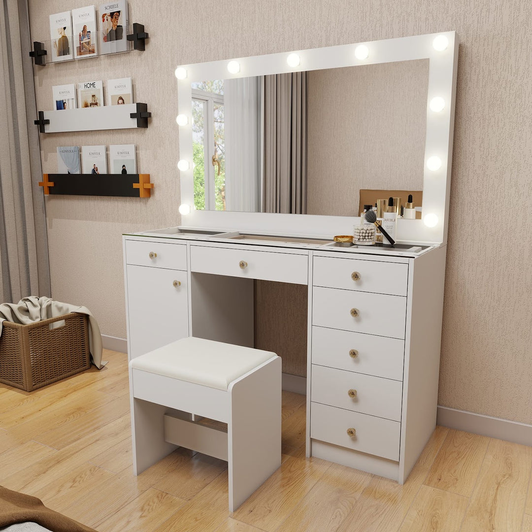 Hollywood LED Makeup Vanity Dresser with Stool and Jewelry Drawer Divider