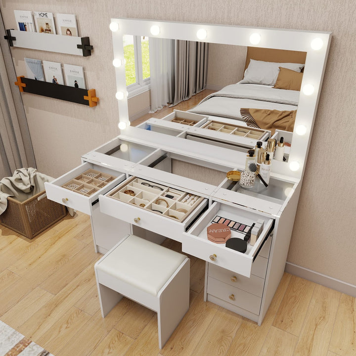 Hollywood LED Makeup Vanity Dresser with Stool and Jewelry Drawer Divider
