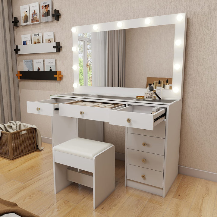 Hollywood LED Makeup Vanity Dresser with Stool and Jewelry Drawer Divider