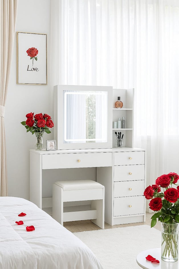 Hollywood LED Makeup Vanity Dresser with Stool and Divided Jewelry Drawer