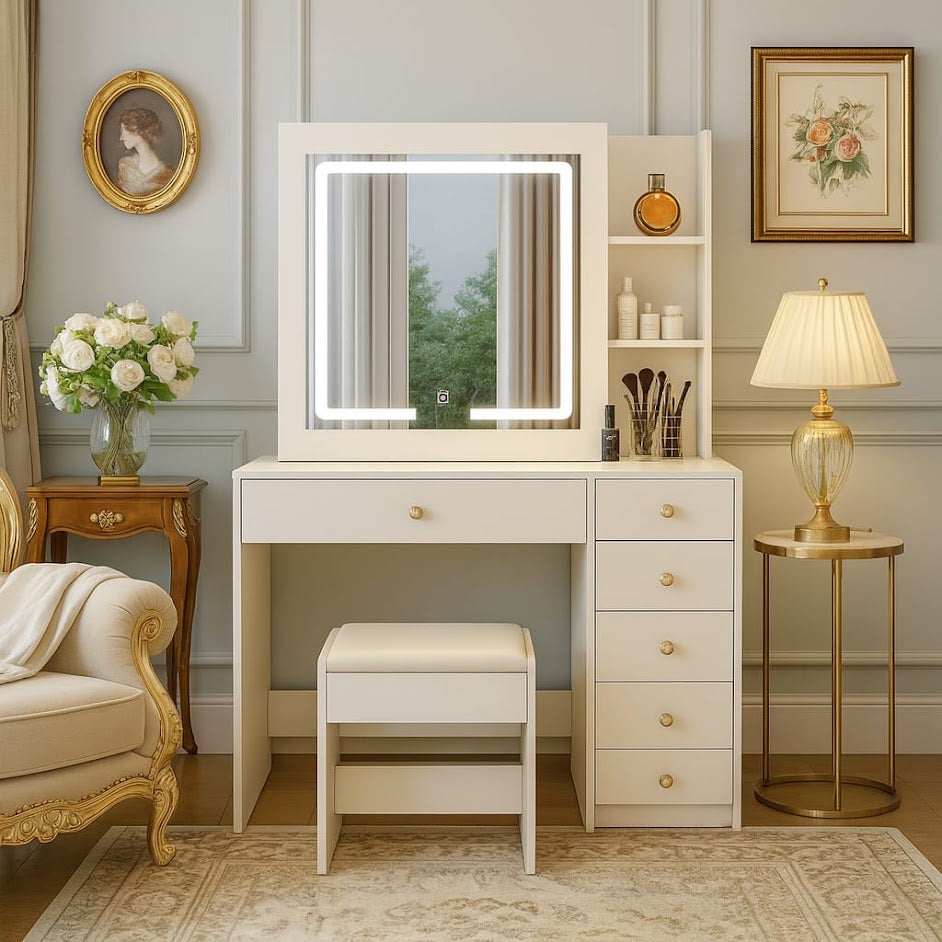 Hollywood LED Makeup Vanity Dresser with Stool and Divided Jewelry Drawer