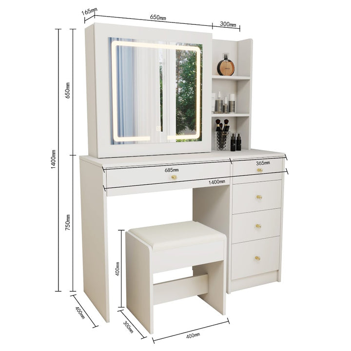 Hollywood LED Makeup Vanity Dresser with Stool and Divided Jewelry Drawer