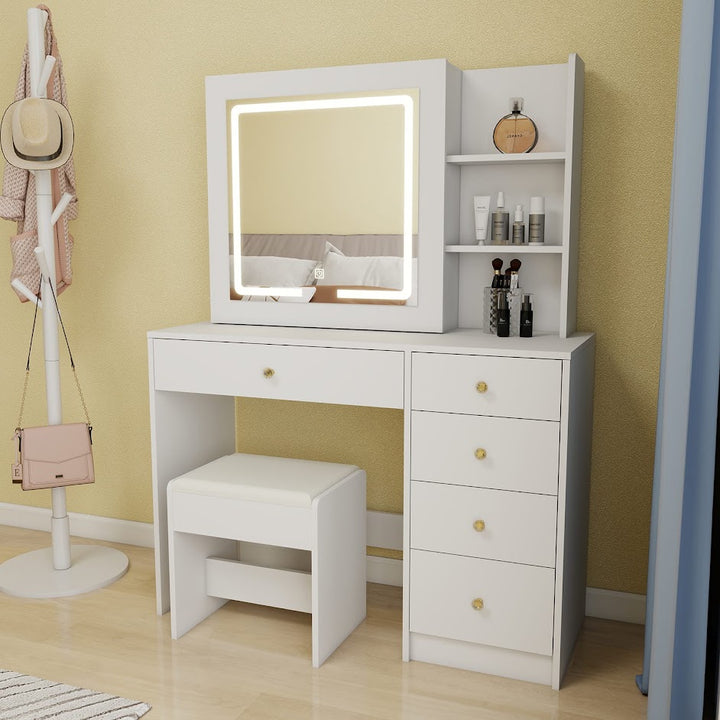 Hollywood LED Makeup Vanity Dresser with Stool and Divided Jewelry Drawer