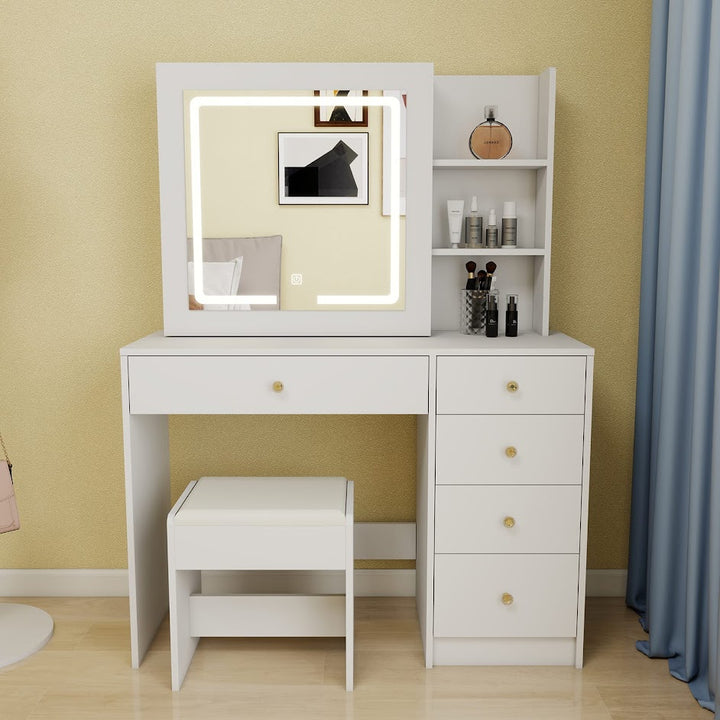 Hollywood LED Makeup Vanity Dresser with Stool and Divided Jewelry Drawer