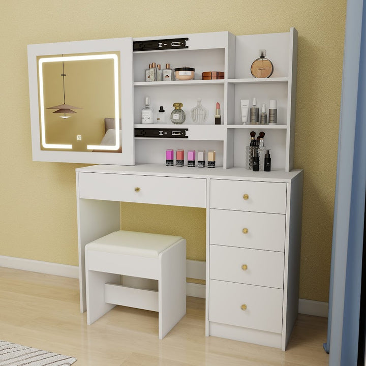 Hollywood LED Makeup Vanity Dresser with Stool and Divided Jewelry Drawer