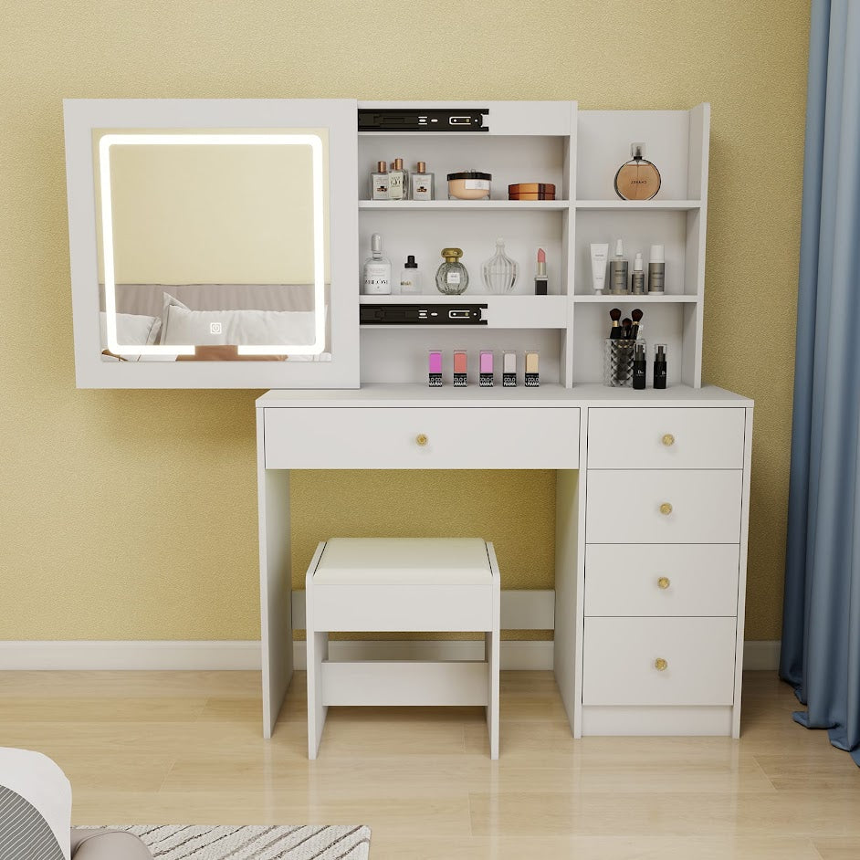 Hollywood LED Makeup Vanity Dresser with Stool and Divided Jewelry Drawer