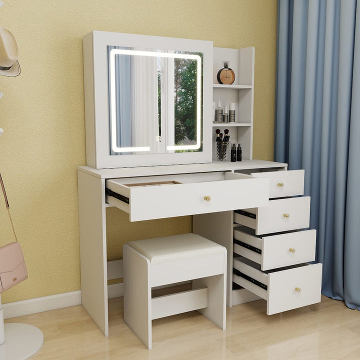 Hollywood LED Makeup Vanity Dresser with Stool and Divided Jewelry Drawer