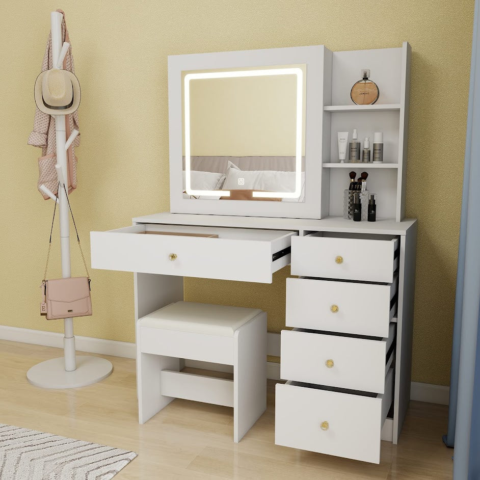 Hollywood LED Makeup Vanity Dresser with Stool and Divided Jewelry Drawer