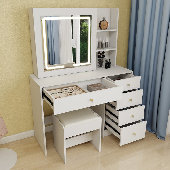 Hollywood LED Makeup Vanity Dresser with Stool and Divided Jewelry Drawer