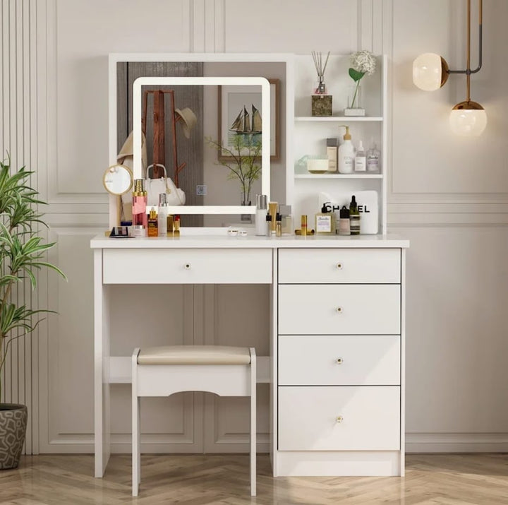 Hollywood LED Makeup Vanity Dresser with Stool and Divided Jewelry Drawer