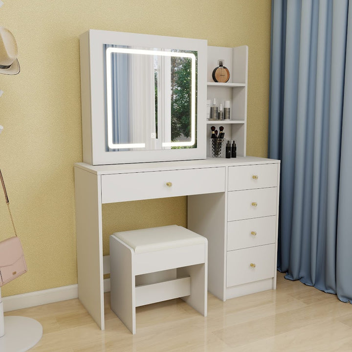 Hollywood LED Makeup Vanity Dresser with Stool and Divided Jewelry Drawer