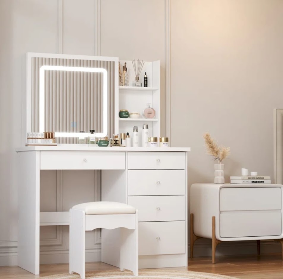 Hollywood LED Makeup Vanity Dresser with Stool and Divided Jewelry Drawer