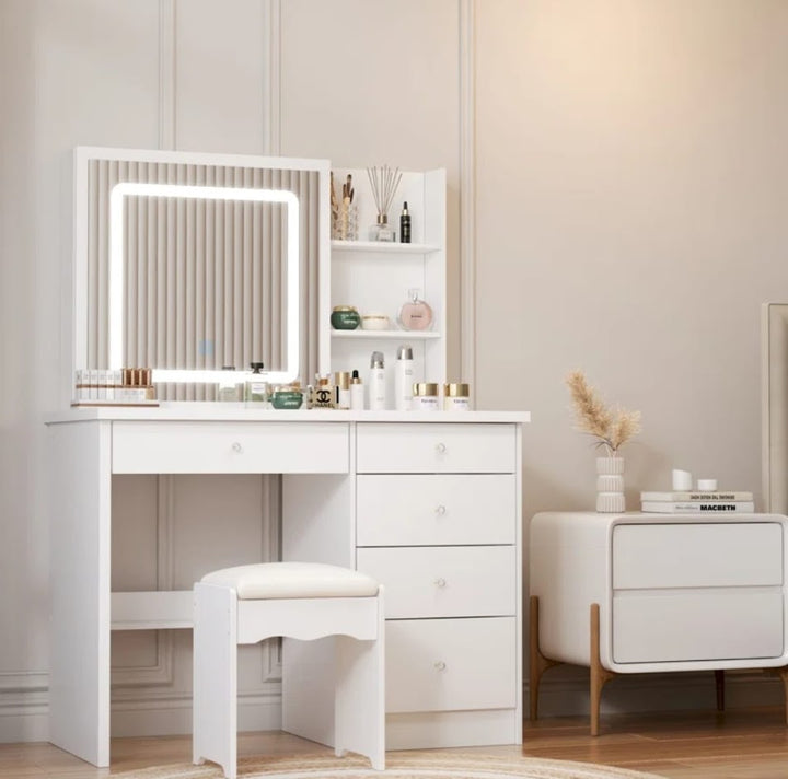 Hollywood LED Makeup Vanity Dresser with Stool and Divided Jewelry Drawer