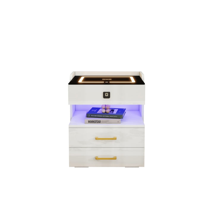 Modern LED Smart Nightstand with Charging Station And Fingerprint-Lock Drawer