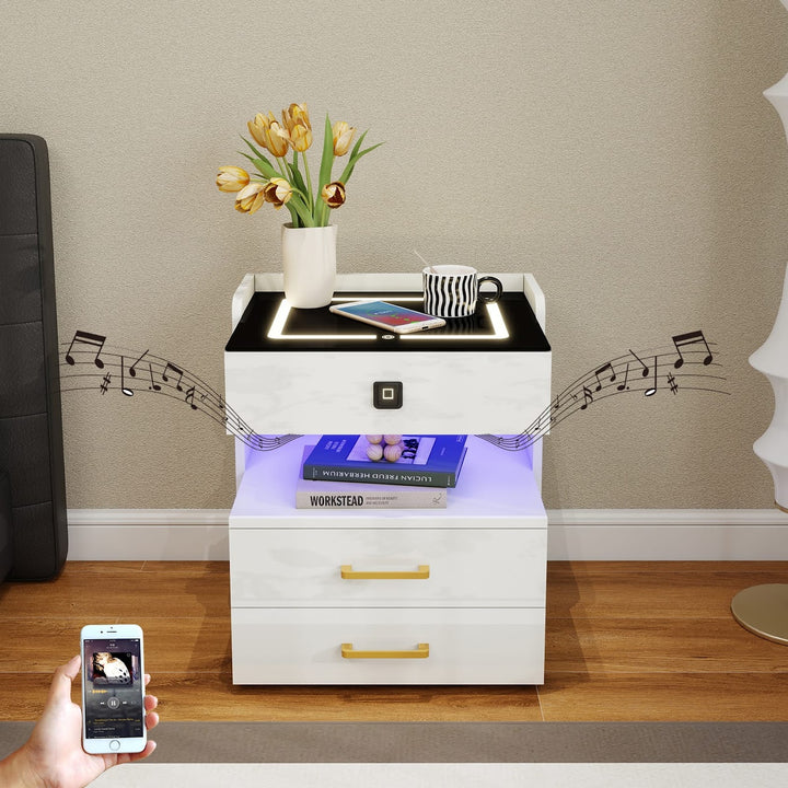 Modern LED Smart Nightstand with Charging Station And Fingerprint-Lock Drawer