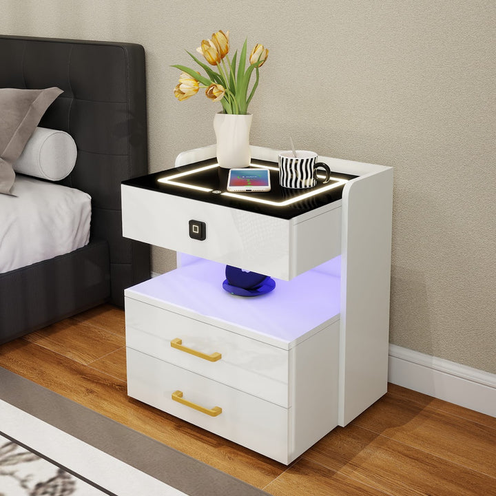 Modern LED Smart Nightstand with Charging Station And Fingerprint-Lock Drawer