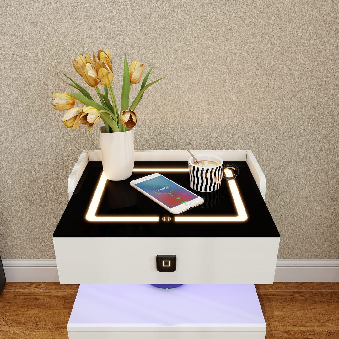 Modern LED Smart Nightstand with Charging Station And Fingerprint-Lock Drawer